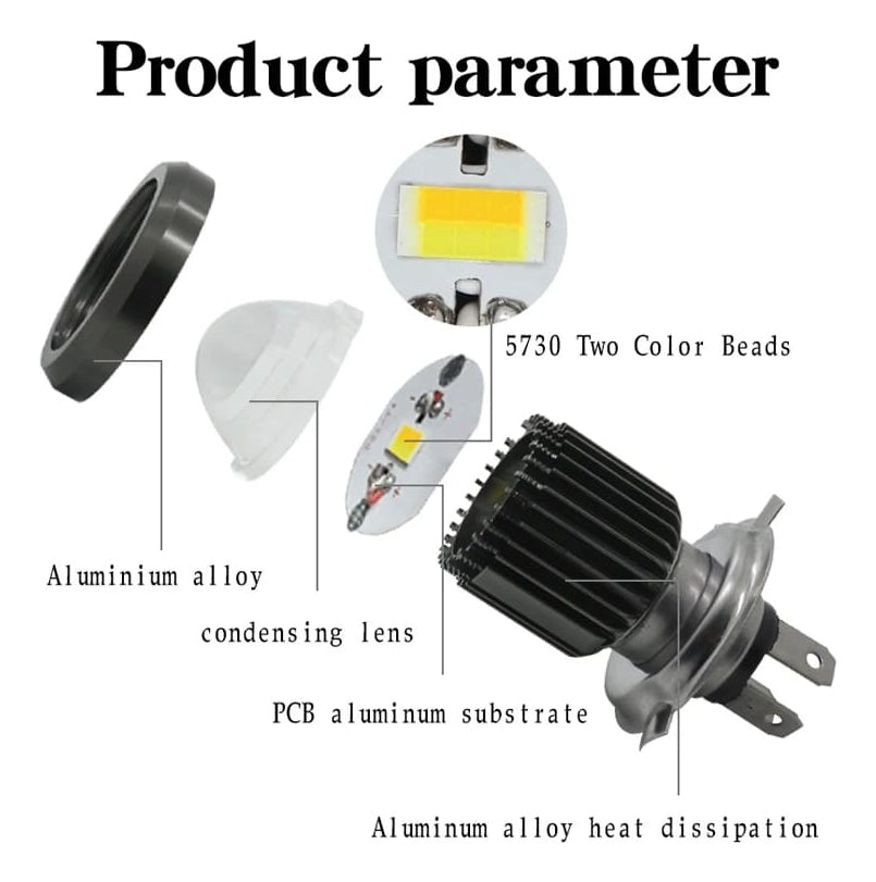 Faro / Ampolleta LED Moto H4 Ba20D CSP con Lupa | Luz Blanca y Amarilla Alta Potencia