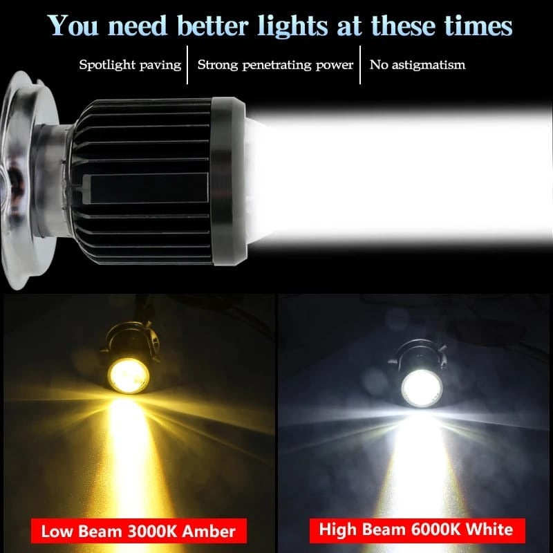 Faro / Ampolleta LED Moto H4 Ba20D CSP con Lupa | Luz Blanca y Amarilla Alta Potencia