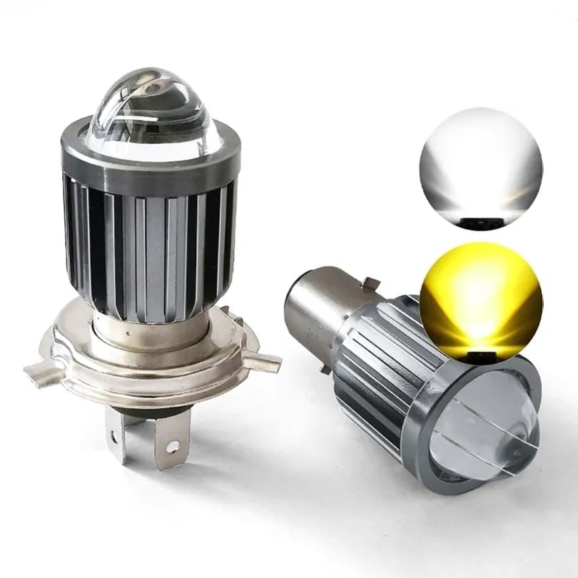 Faro / Ampolleta LED Moto H4 Ba20D CSP con Lupa | Luz Blanca y Amarilla Alta Potencia