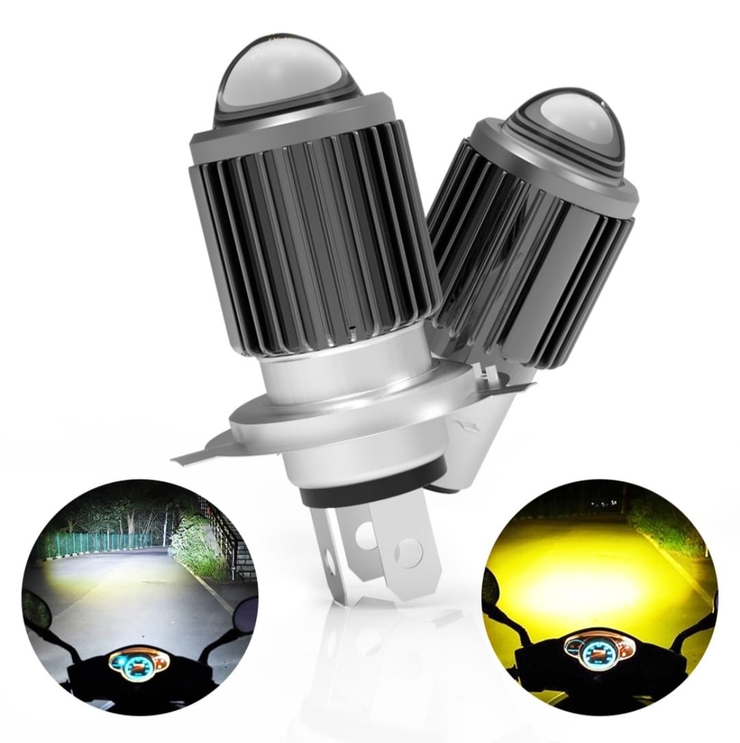 Faro / Ampolleta LED Moto H4 Ba20D CSP con Lupa | Luz Blanca y Amarilla Alta Potencia