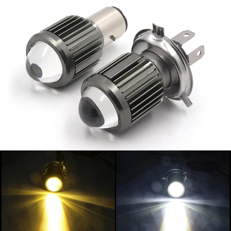 Faro / Ampolleta LED Moto H4 Ba20D CSP con Lupa | Luz Blanca y Amarilla Alta Potencia